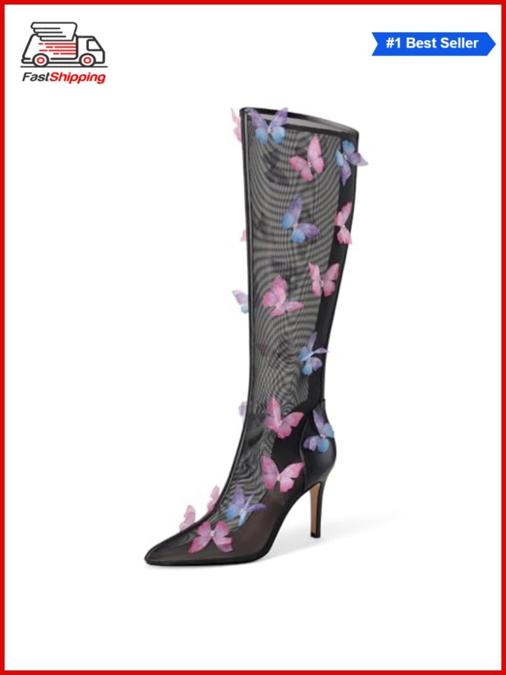 ✨UJPFEO Mesh Butterfly Knee-High Stiletto Heels Pointed Toe Back Zipper Boots